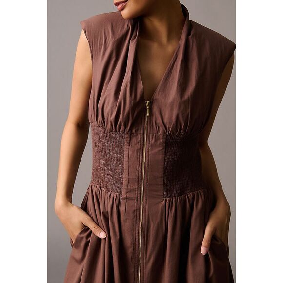 Anthropologie The Tommie Zip-Front Midi Dress Maeve Brown Medium M NEW - Picture 4 of 7